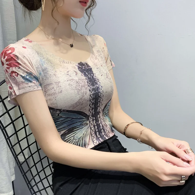 

2021 summer new fashion western style T-shirt women's trendy printed short-sleeved top slim slimming bottoming shirt