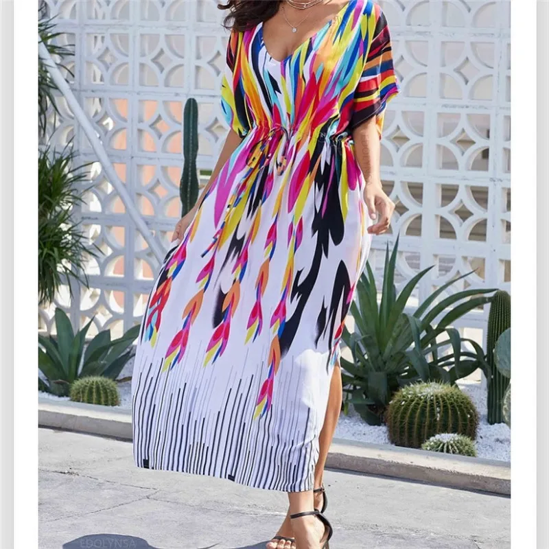 Разноцветная хлопковая туника женское летнее пляжное платье кафтан
