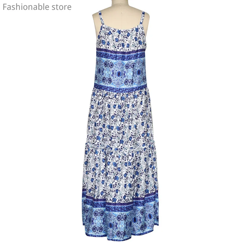

Women Sleeveless Print Bohemian Dress Square Neck Spaghetti Strap Casual Loose Maxi Dress