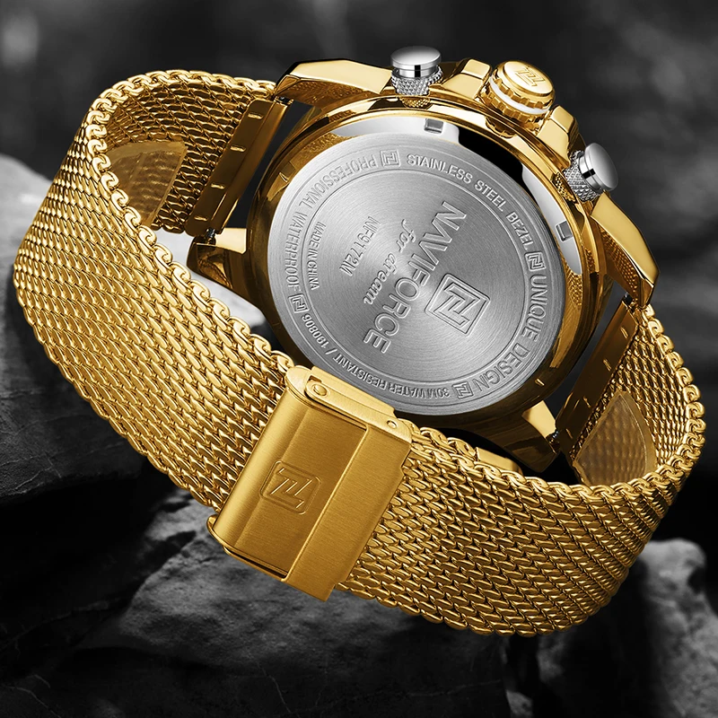 Часы наручные NAVIFORCE Мужские кварцевые люксовые брендовые золотистые Модные