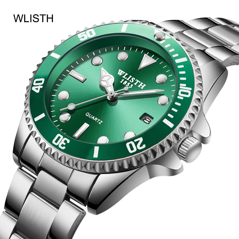 

WLSTH Personalized Calendar Green Black Blue Waterproof Strong Luminous Steel Band Men's Quartz Watch S526