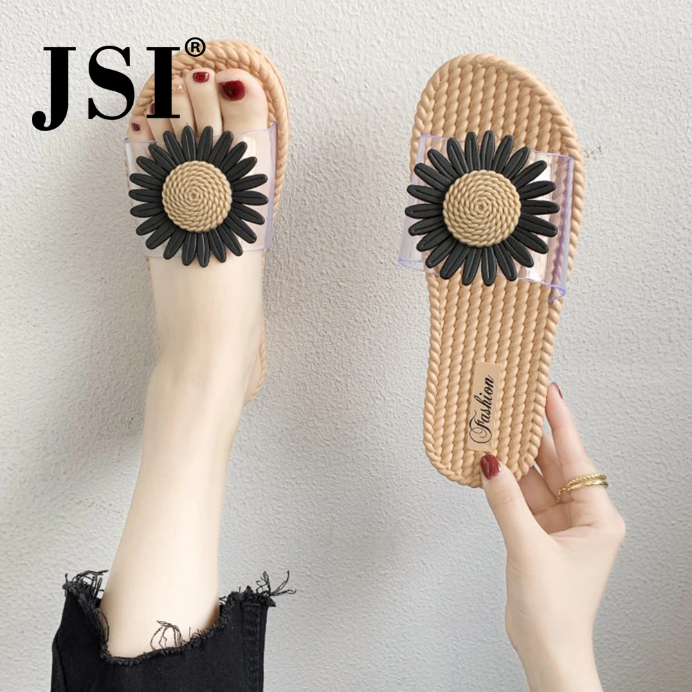 Летние женские шлепанцы JSI стильные на плоской подошве с соломенной стелькой и