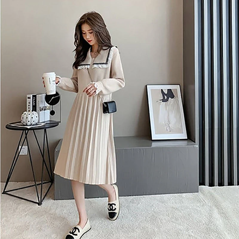 

New Autumn and Winter Long Sweater Dress Doll Collar Splicing Lace Fall Knitted Fashion Clothes for Women 2021