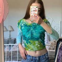 long sleeved tie dye t shirt women new green butterfly print clothes t shirts round neck casual short top lady sexy t shirt
