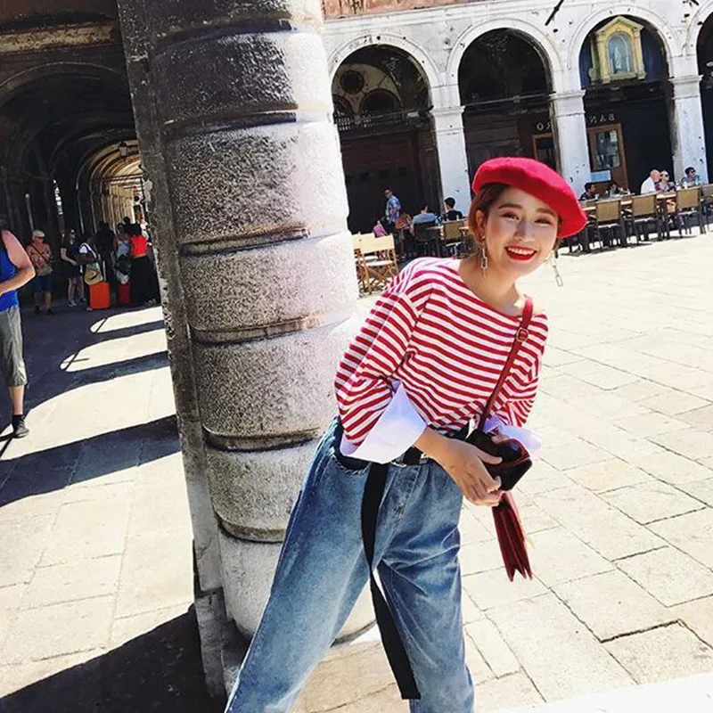 Новая модная одежда для женщин 2019 Осенняя полосатая футболка с длинным рукавом