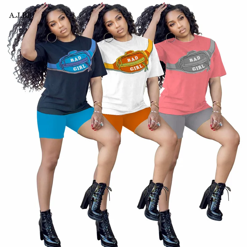 

European casual letter print sport two piece set fashion loose o-neck short sleeve T-shirt and shorts women's set