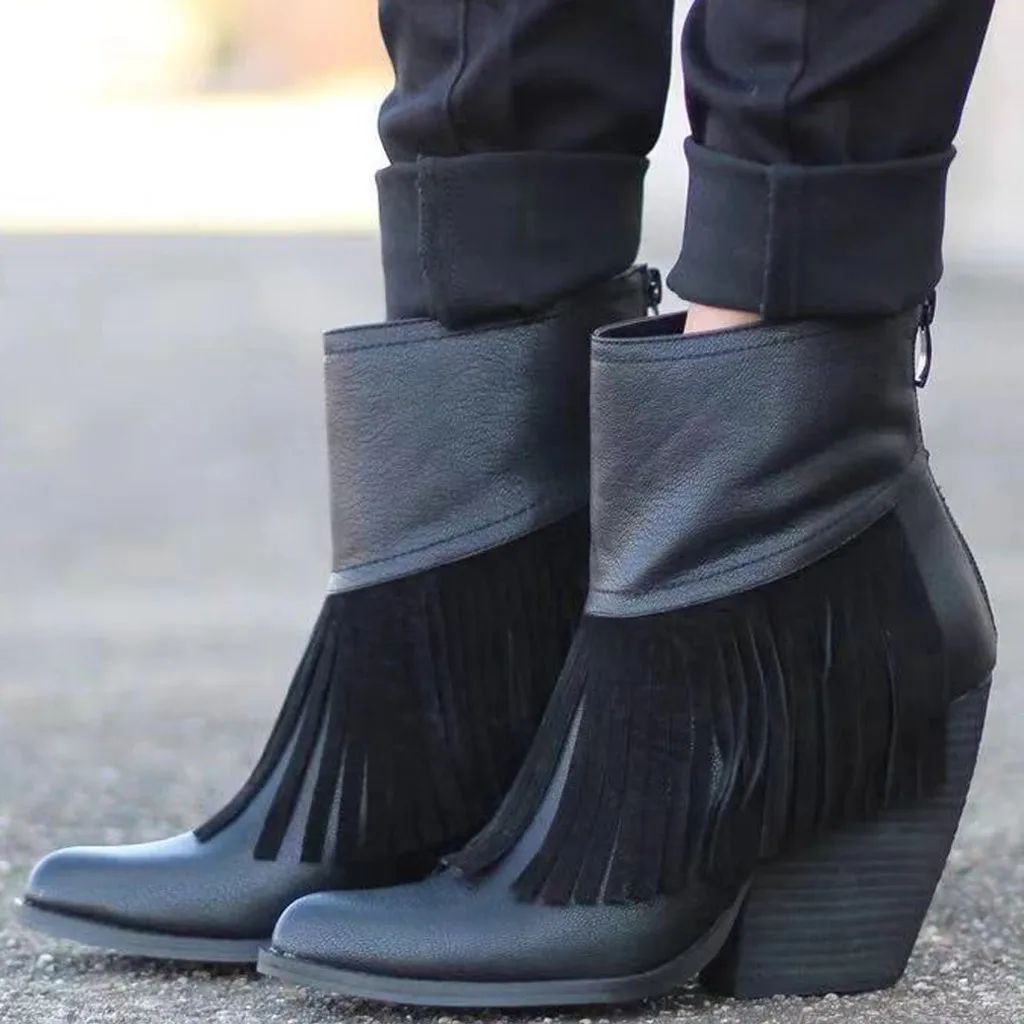 Womens tassel Winter Boots Leather Wedges Round Toe Keep Warm Zipper Thick Heel Comfortable Shoe woman Ankle botas mujer | Обувь