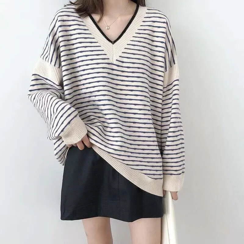 

Women's 2021 Pullover Sweater Women's Thick Loose V-Neck Long Sleeve Color Matching Striped Sweater Women's Top Rm*