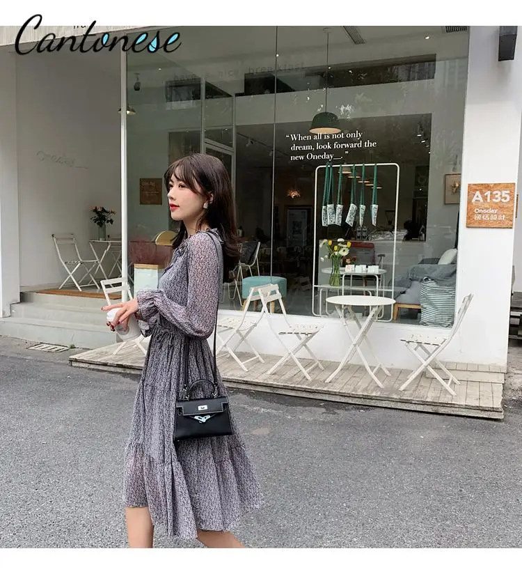 

Korean Women's Waist Long-Sleeved Floral Chiffon Dress