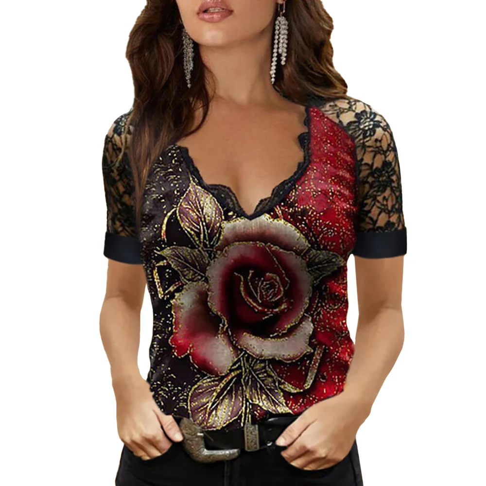 

Sexy Lace Patchwork Women T Shirt Summer Female Short Sleeve Slim Rose Print Tee V Neck Tops Casual Party T Shirt Clothes D30