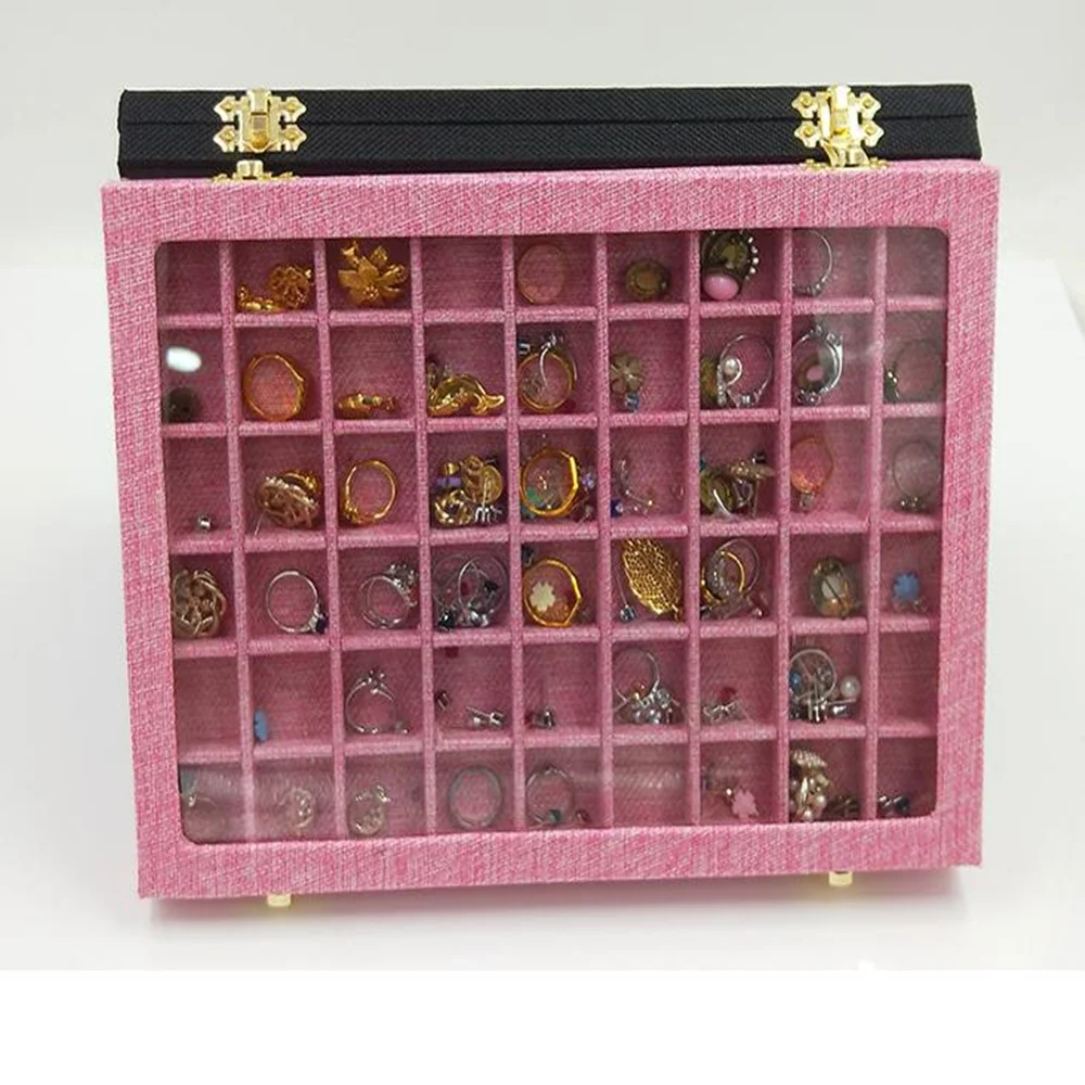 

Jewelry Box Organizer Large Storage Cabinet Linen Glass Lid Storage Tray Stackable Display Plate Set 54 Cells 6Colors Wholesale