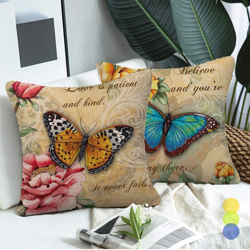 

Retro Butterfly and Flower Cushion Cover Fauxlinen Vintage Pillowcase Decorative Sofa Couch Bed Pillow Covers Elegant Home Decor
