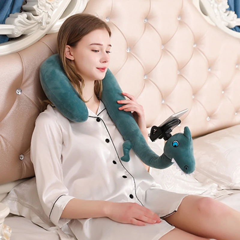 

2 In 1 Travel U-Shaped Neck Pillow with Mobile Phone Holder Cartoon Animal Flexible Plush Cushion Hands Free Bracket