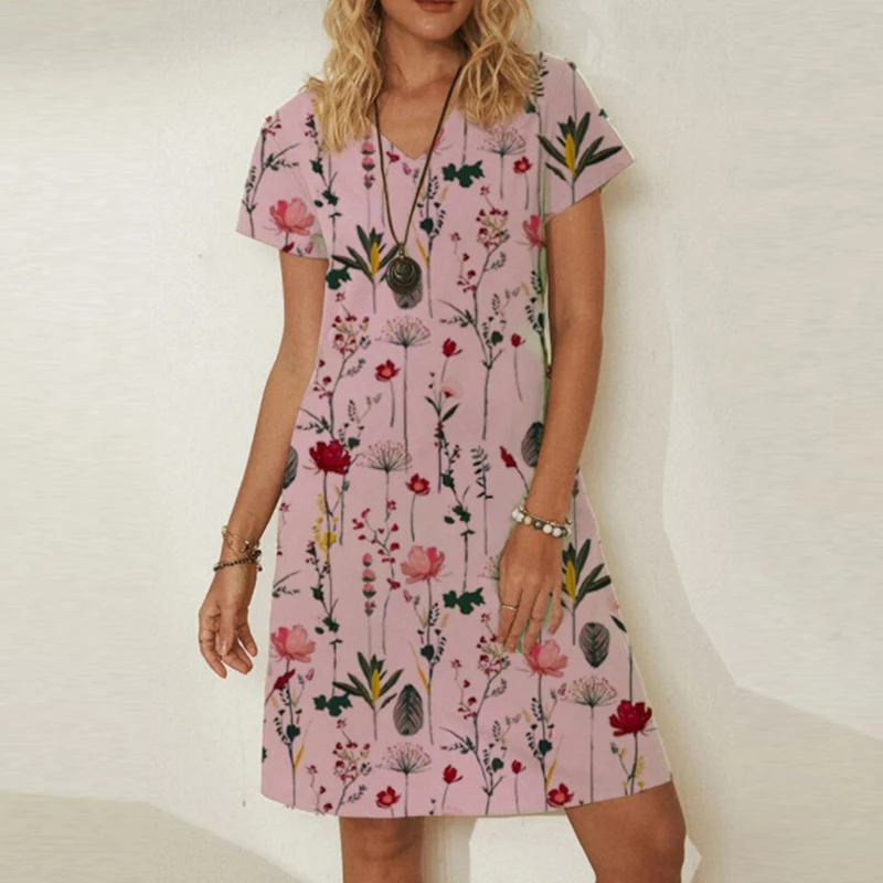 

2021 Fashion Floral Print A-Line Party Dress Elegant V Neck Short Sleeve Summer Dress Women Casual Loose Beach Dresses Vestidos