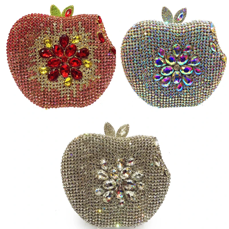 

100% Handmade Red Rhinestone Crystal Clutch Fruit Shape Wedding Bridal Shoulder Messenger Clutches Handbags Ladies Gemstone Bag