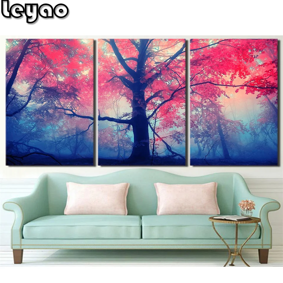 

Triptych Handmade diamond painting 3 Panel Tree Forest Dim Landscape 5d diamond embroidery Painting home Decor