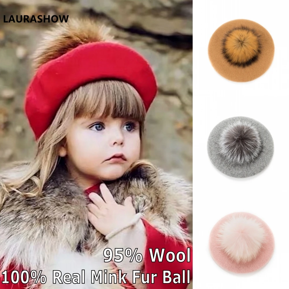 Laurashow-boina de lana cálida para bebé, gorro de invierno con pompones de bola de piel Real, boina Lisa Vintage para niños, gorro para padres e hijos
