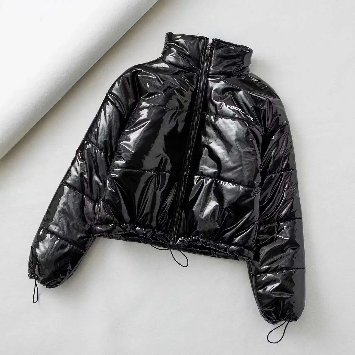 

Metallic Color Quilted Cotton Padded Stand Collar Bomber Jacket Zipper Drawstring High Waist Quilted Parka Tops Chaquetas Mujer