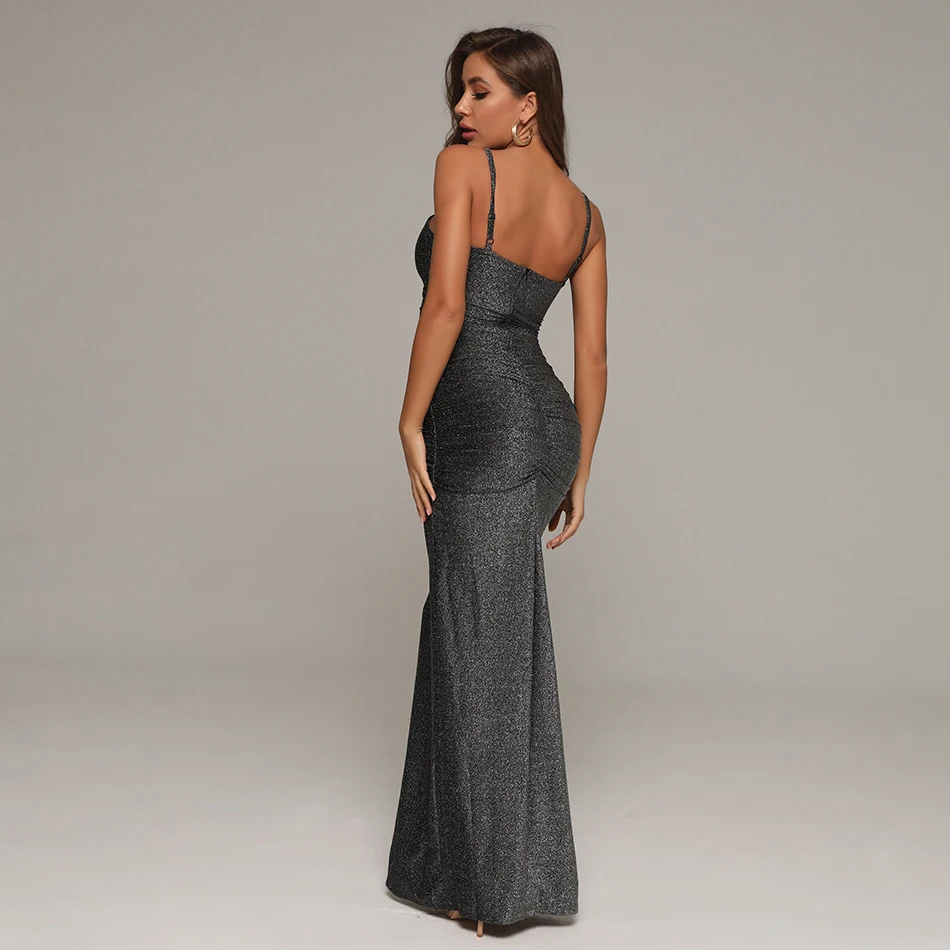 

Adyce New Summer Women Fashion Grey Spaghetti Strap Dress Sexy Sleeveless Hollow Out Celebrity Evening Runway Party Maxi Dresses