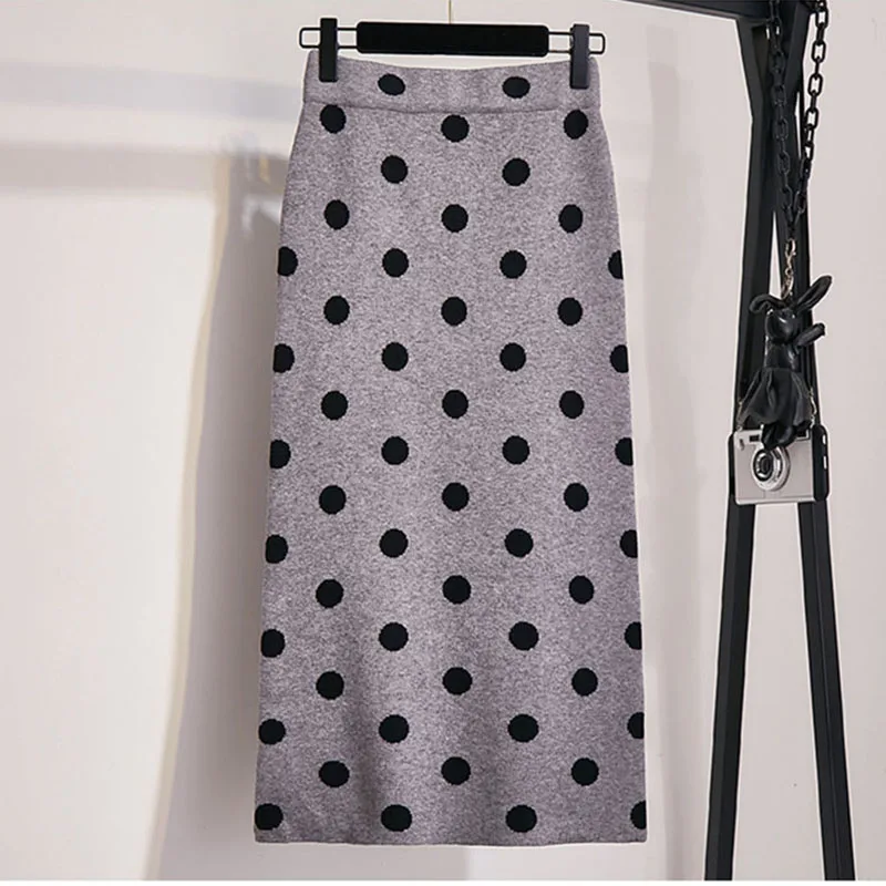 Women's Polka Dot Knit Skirt Autumn Winter Female Korean High Waist Split Step Skirt Thick Knit Long Skirt Hip Skirt New ML279