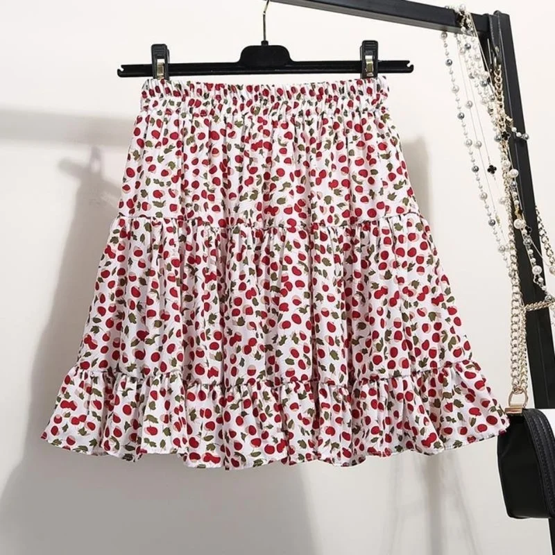 

2021 Summer Fashion Retro Sweet Kawaii Elastic High Waist Beach Floral Printed Chiffon Pleated Skirts Bohemian Mini Skirt Y921