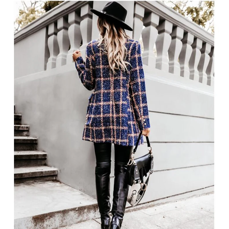 

Fashion Suit Women Blazer Dress Autumn Winter Office Lady Vintage Double Breasted Plaid Pocket Button Front Military Mini Dress