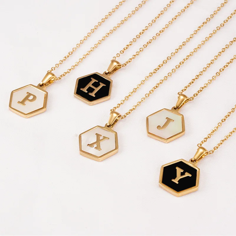 

Vintage Style Good Quality Stainless Steel Shell Letter Necklace Women Titanium Steel Hexagon Letter Pendant Neckclaces Jewelry