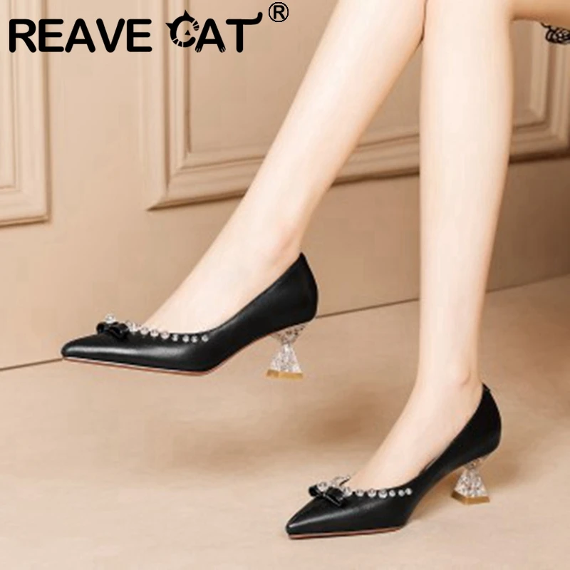 

REAVE CAT Ladies Pumps 2021 New Pointed Toe 6cm Spike Strange Heels Bowtie Crystal Genuine Leather Size 43 Wedding Date A3343