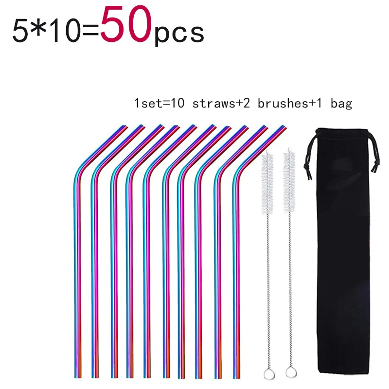 

50pcs/lot Stainless Steel Drinking Bent Straws with Cleaning Brushes Reusable Rainbow Straws Eco-friendly