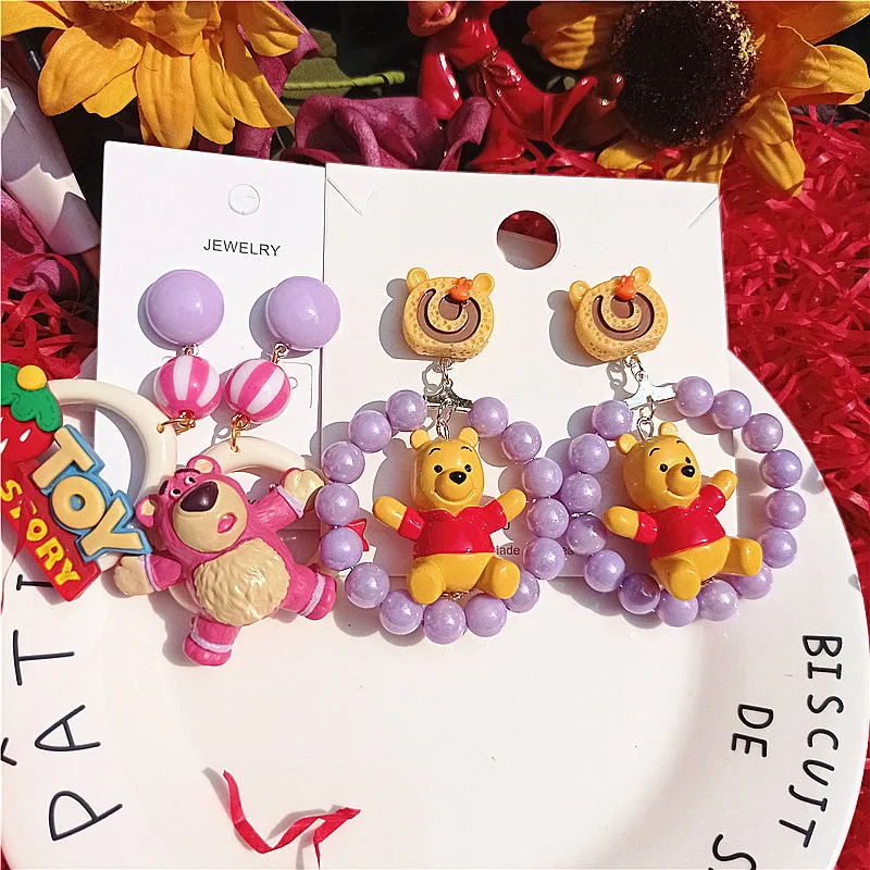 Pendientes de plástico de dibujos animados de Winnie The Pooh, accesorios de Disney, colgantes para las orejas, Plata 2021, color púrpura, 925