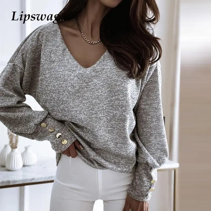 

Women New Casual Solid Color V Neck Simple Tops Fall Winter Fashion Buttons Long Sleeves Loose Pullover Elegant Office Blouses