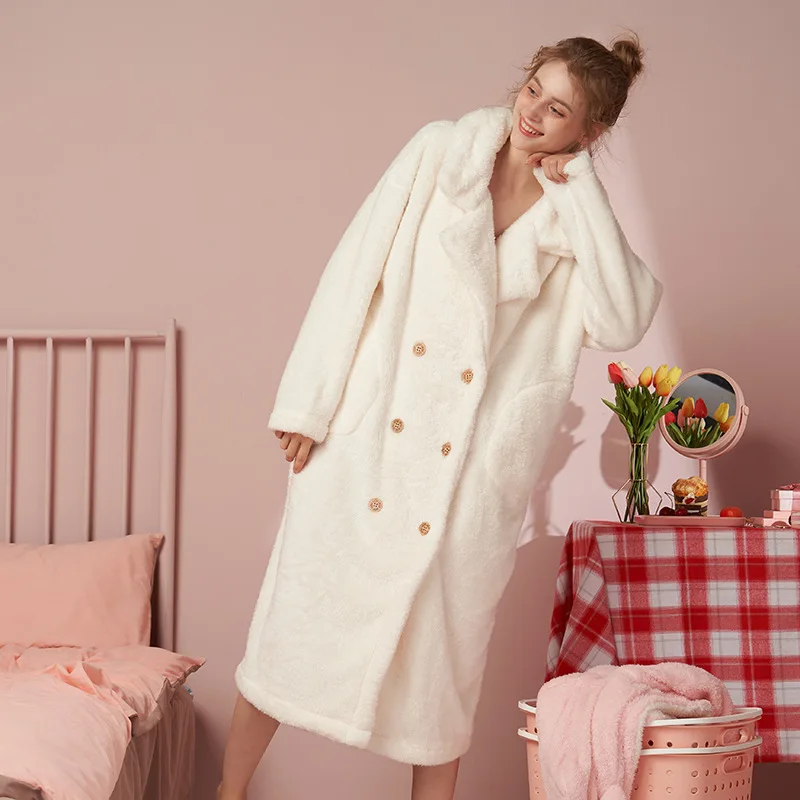 Coral Velvet Nightgown Women's Autumn and Winter New Solid Color Flannel Women's Nightgown Home Wear Sleep Tops Flannel Bathrobe