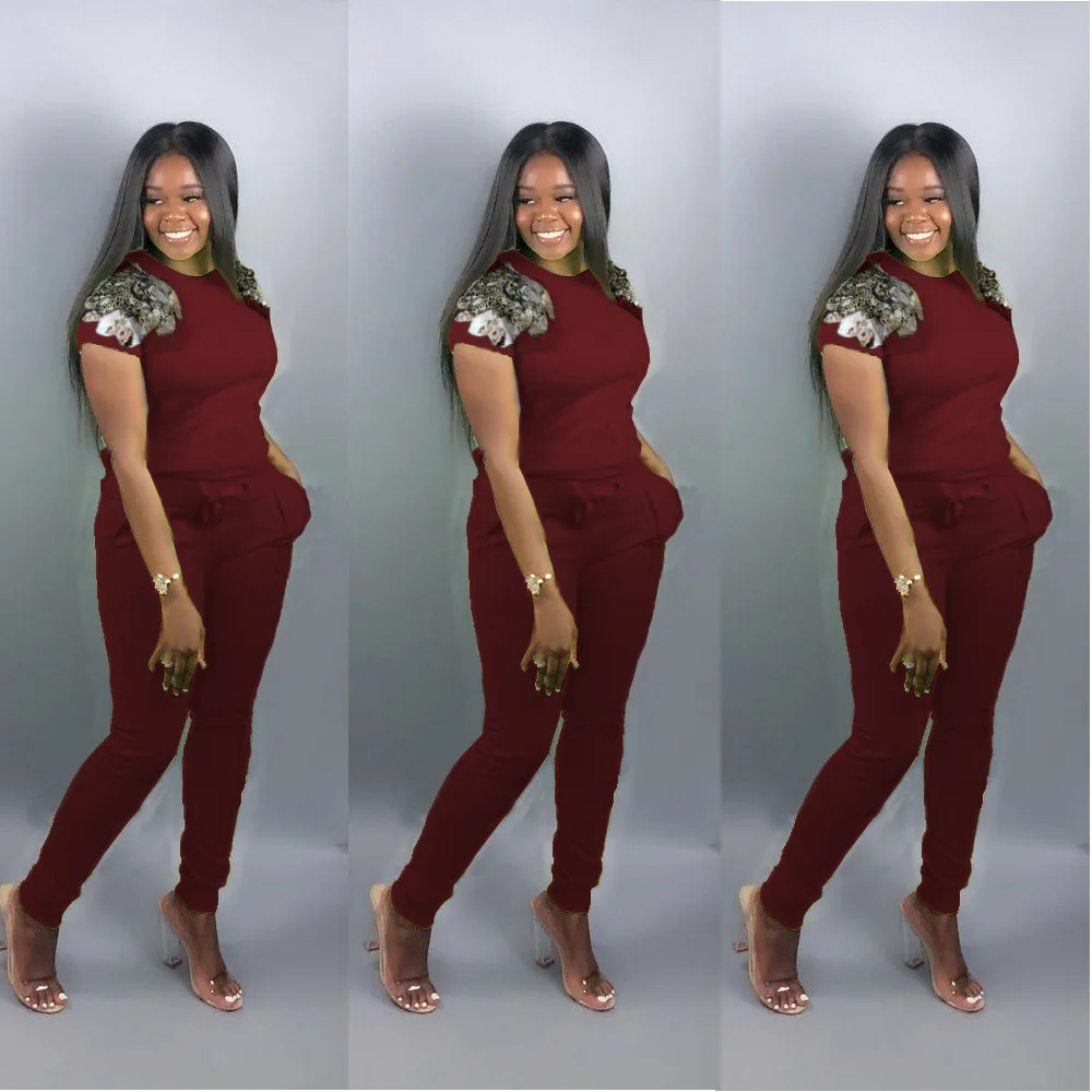 Женский костюм двойка с блестками Повседневная летняя футболка круглым вырезом