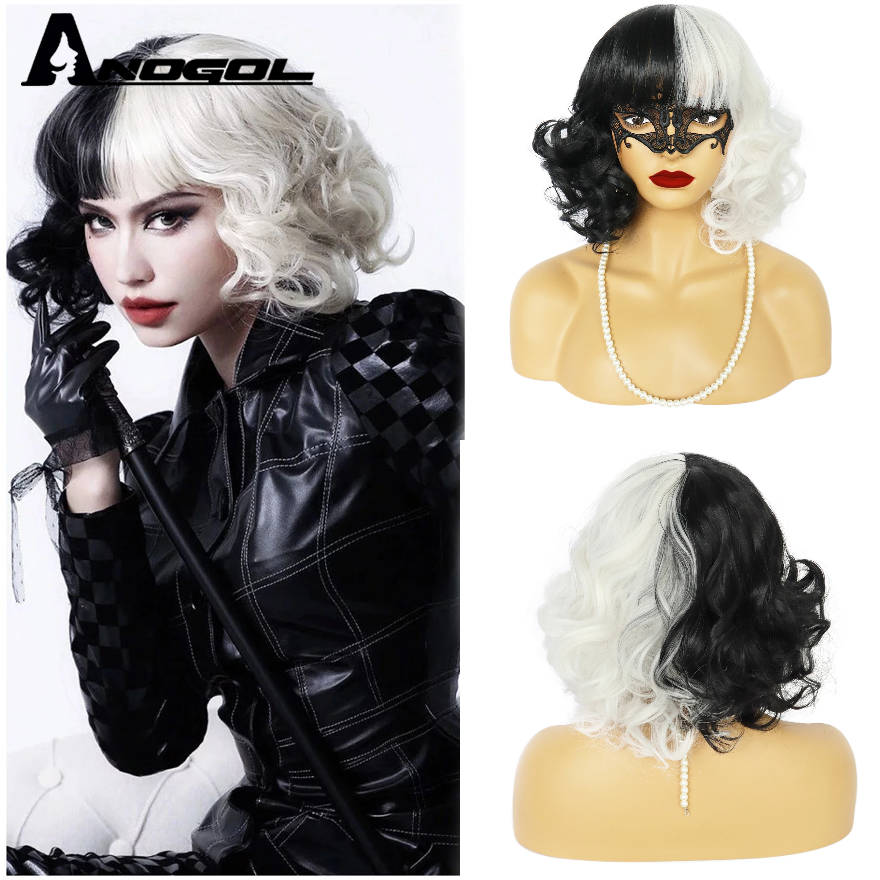

ANOGOL CRUELLA De Vil Two Tone Natural Short Curly Wig Synthetic Short Wavy Wigs With Bangs For Women Cosplay Party Wig