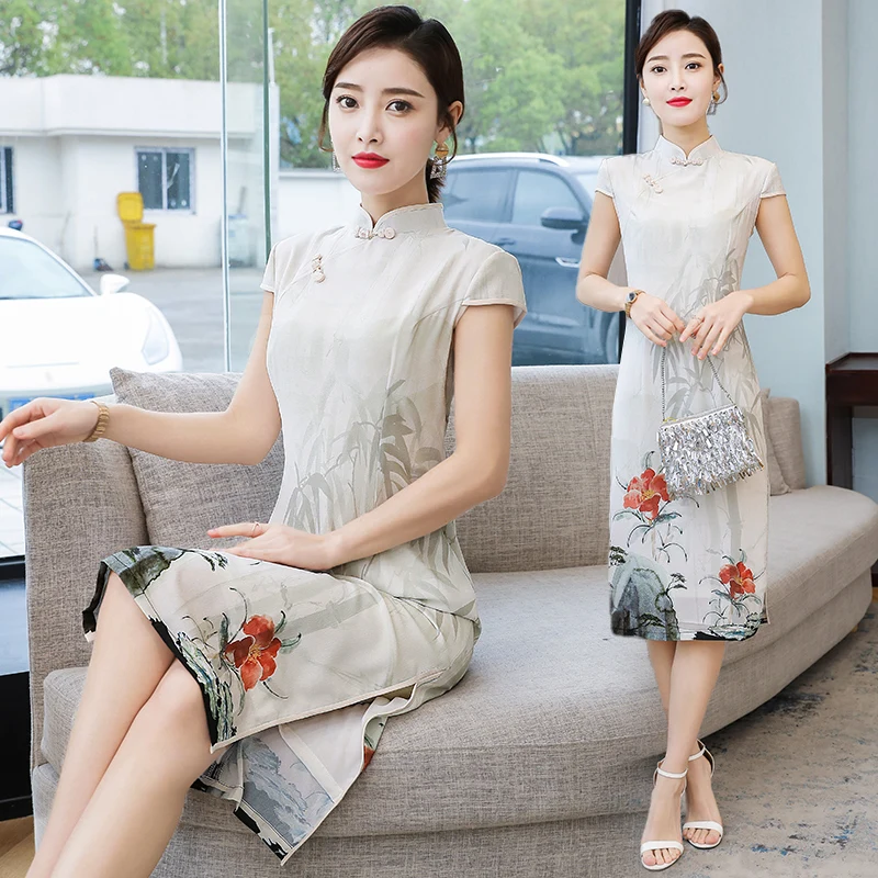 Женское платье в китайском стиле длинное летнее с короткими рукавами модель 2020