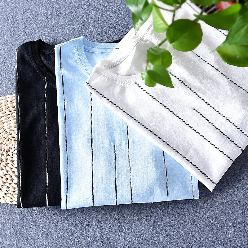 Мужская футболка с круглым вырезом повседневная черная в полоску из льна и