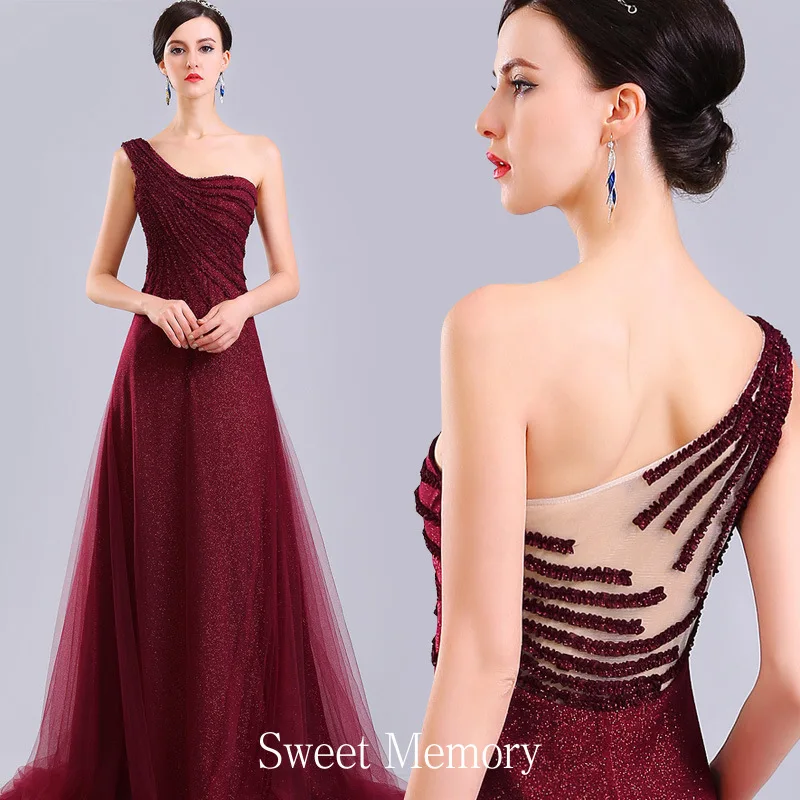 

S0168 Custom Made Elegant Women One Shoulder Wine Red Evening Dress Party Performance Vestido De Festa Sweet Memory