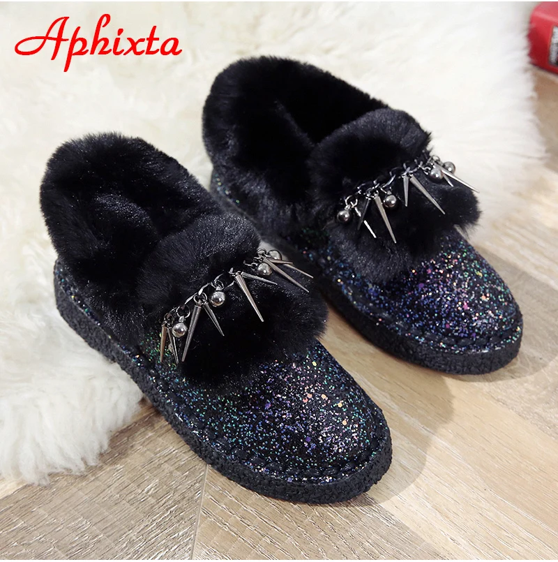 Сапоги aphixta; женские зимние ботильоны на плоской подошве; теплая женская обувь на платформе; женские меховые сапоги с круглым носком и металлической бахромой; Botas Mujer
