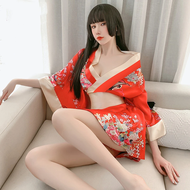 Sexy Nightgown V-Neck Print Pajamas Cosplay Uniform Japanese Kimono Suit Skirt Women Cardigan Geisha Robe Vintage Clothes | Женская