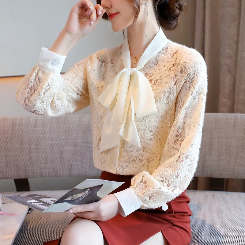 

2021 New Spring Autumn Women Blouses Casual Long Sleeve V-Neck Bow Lace Shirts Fashion Slim Elegant Office Lady Tops Clothing