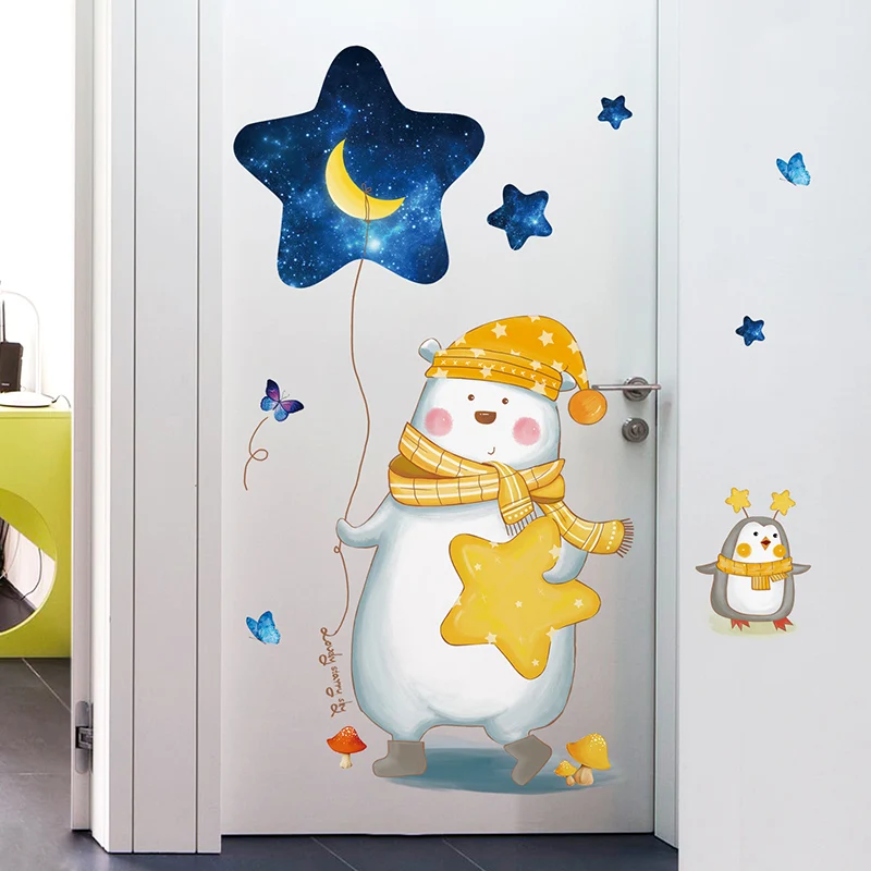 [SHIJUEHEZI] медведь Пингвин Животные наклейки на стену виниловые DIY звездное небо Луна Наклейки на стены для детской комнаты детские украшения дома
