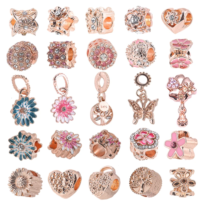 

2Pcs/Lot 45 Styles Rose Gold Flower & Butterfly Charm Beads Pendants Fit Snake Chain Charm Bracelets for Women Brand Jewelry