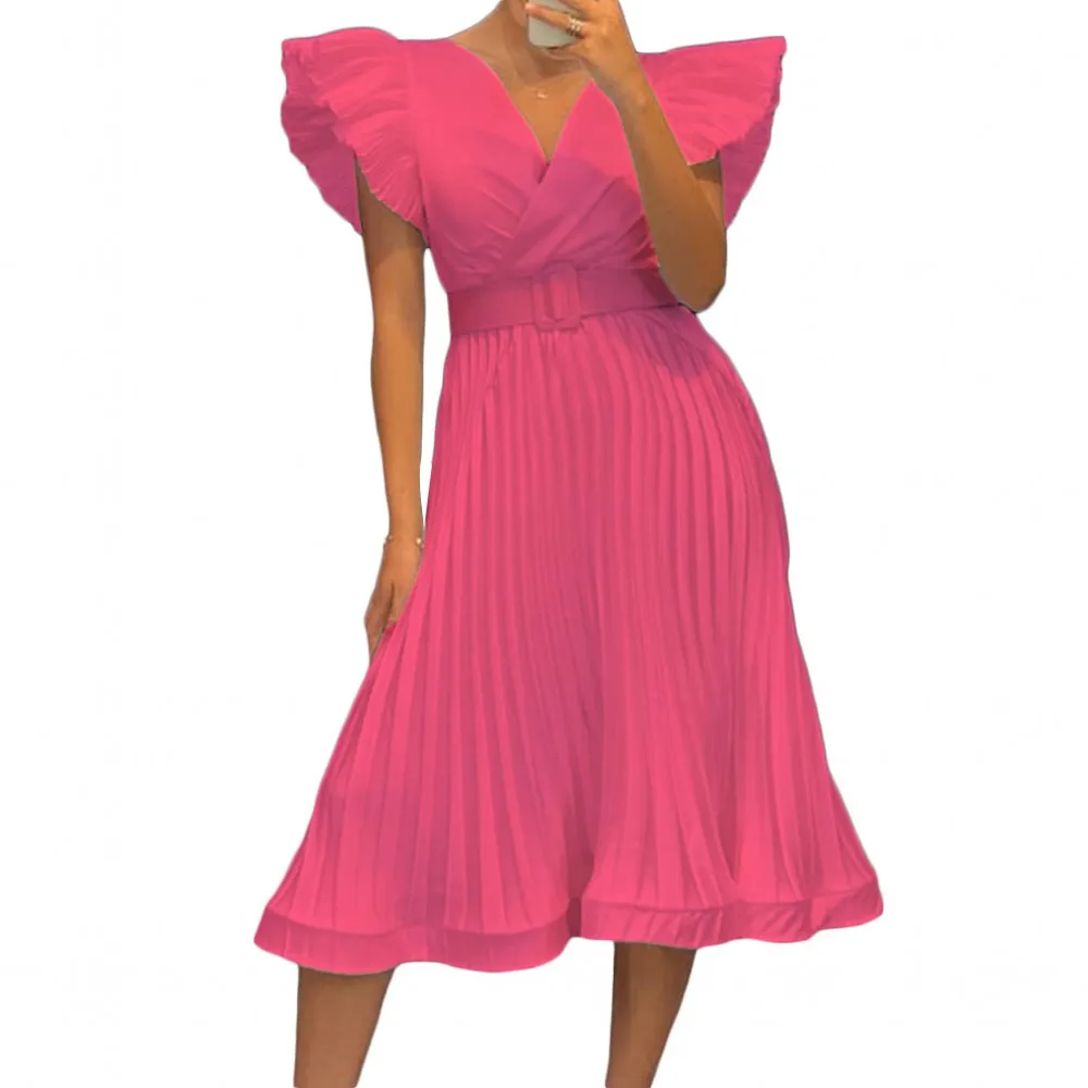 

White Flying Sleeve Dress With Belt V-Neck Sexy Women's 2022 Spring Pure Color Casual Clothes Pleated Slim Mid-Length Dress 3XL