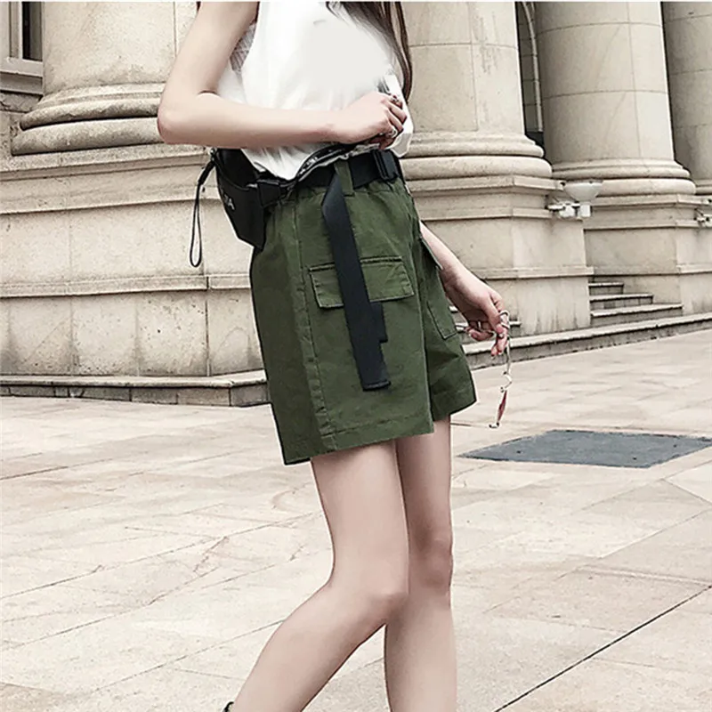 Шорты карго женские с завышенной талией винтажные однотонные шорты хаки поясом и