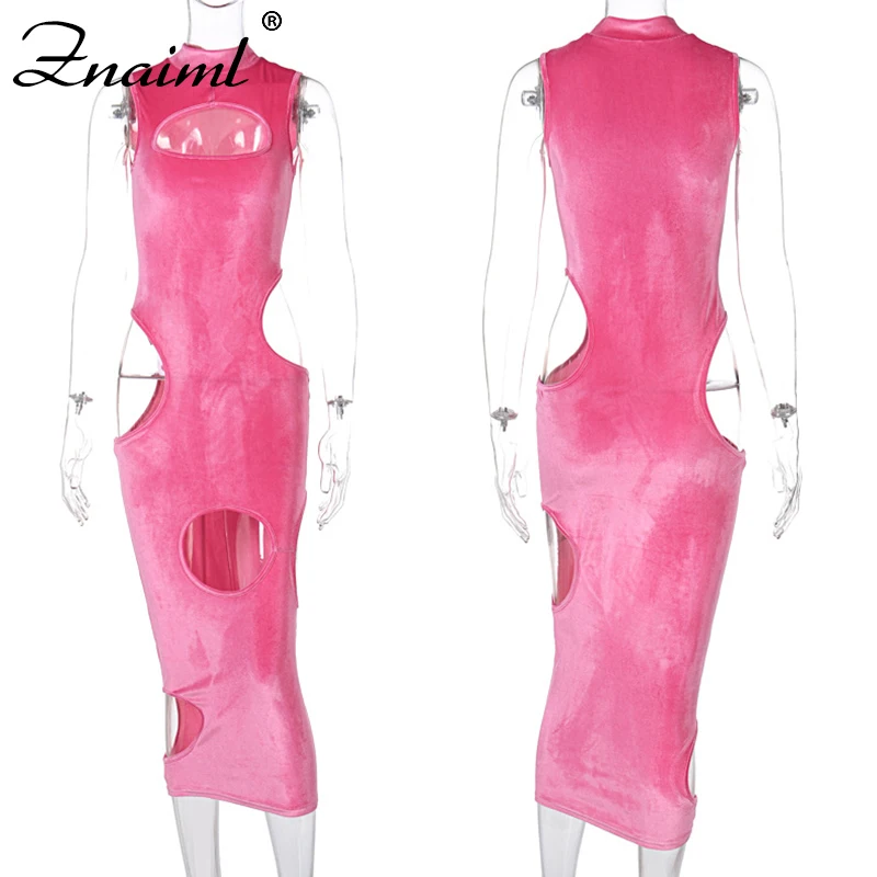 

Znaiml Fashion Velvet Women Solid Sleeveless Hollow Out Bodycon Midi Dress Slim Sexy Party Streetwear Spring Female Clothing