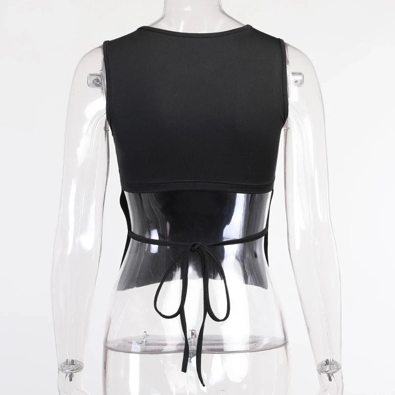 

Hollow Out Women clothes O Neck Crop Top Lace Up bow-knot Summer Tank Casual Streetwear Short sleeveless Off Shoulder Show waist