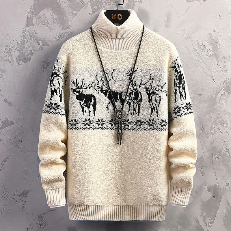 

Мужской свитер в стиле хип-хоп Pull Homme, новинка зимы 2021, модные толстые теплые флисовые мужские свитера с оленем, водолазка, мужские пуловеры