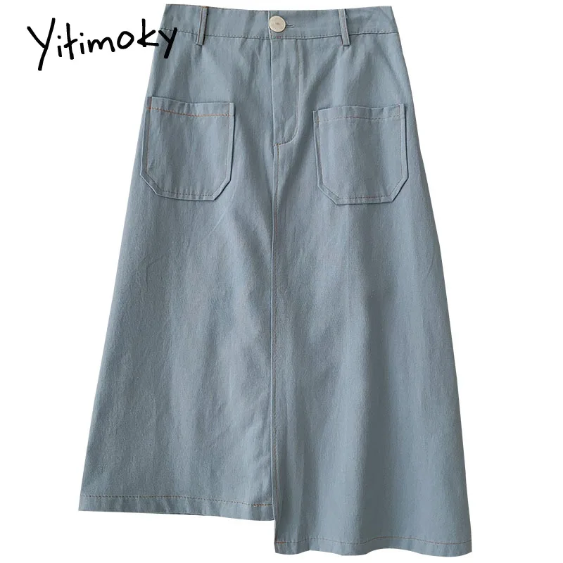 

Yitimoky Vintage Asymmetrical Skirt Womens Korean Harajuku Button Casual Simply High Waist A-Line Midi Skirts 2021 Spring New