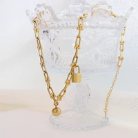 ins 18k gold lock round bead necklace bracelet titanium steel u shaped link necklace bracelet set trendy jewelry gift