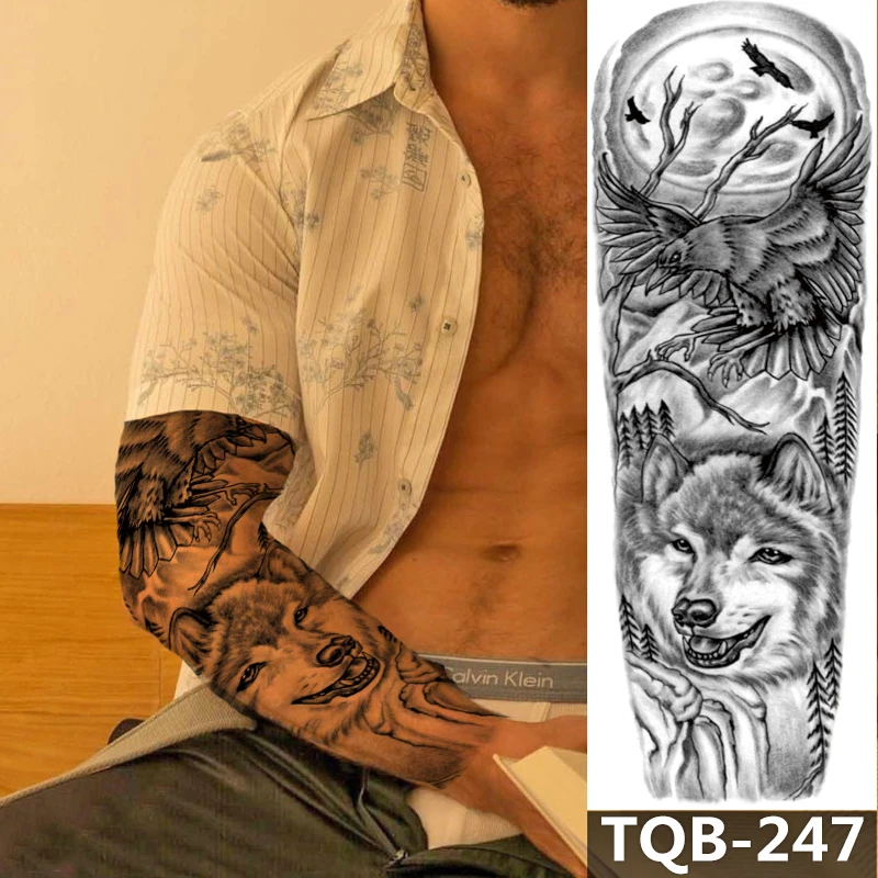1 Sheet Full Arm Temporary Tattoo Sleeve Tattoos Fake Body Art Crow Wolf Pumpkin Skull Halloween Chest Shoulder Tattoo Stickers
